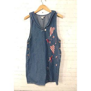 Vintage 90s Haiks Denim Overall Jumper Dress Patch American Flag Size Medium